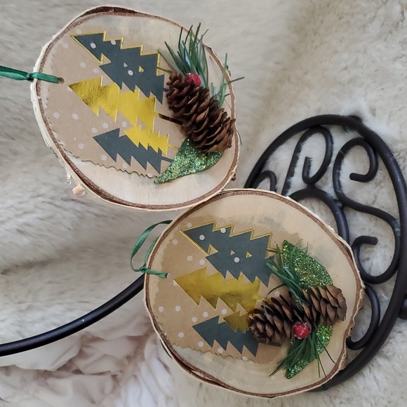 New, Birch Ornaments, Trees, Pinecones, Metallic, Set of 2 - Picture 3 of 3
